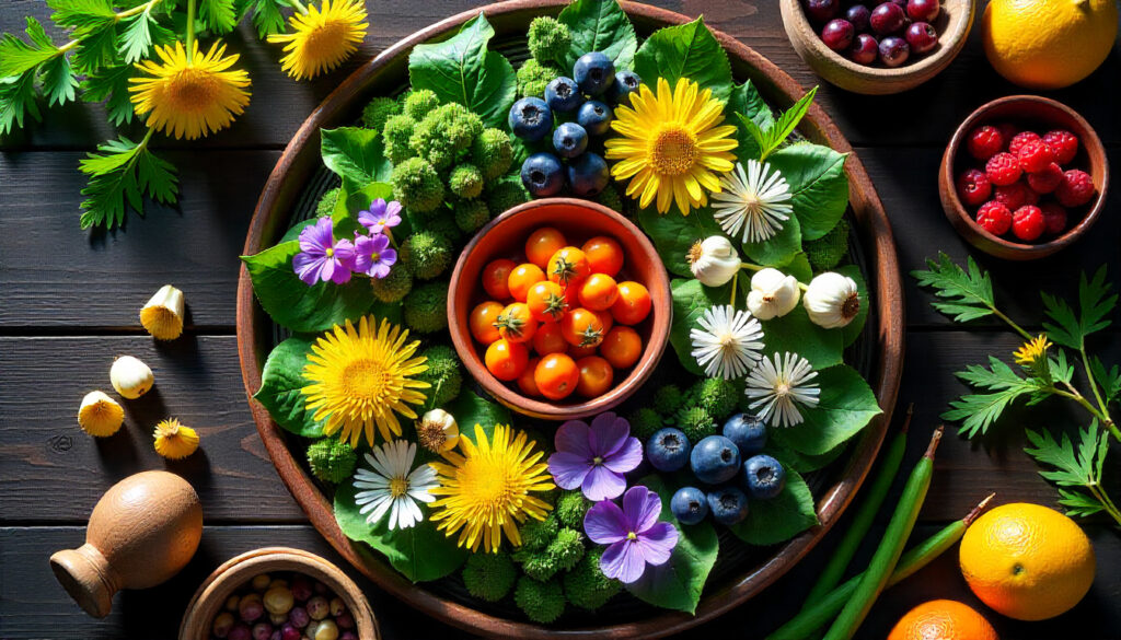 “Foraging & Wild Food Colorful mandala-style arrangement of foraged wild foods including nettles, dandelions, wild violets, wild garlic blossoms, and berries on a rustic wooden table with a basket and sunlight — vibrant sustainable foraging image.”