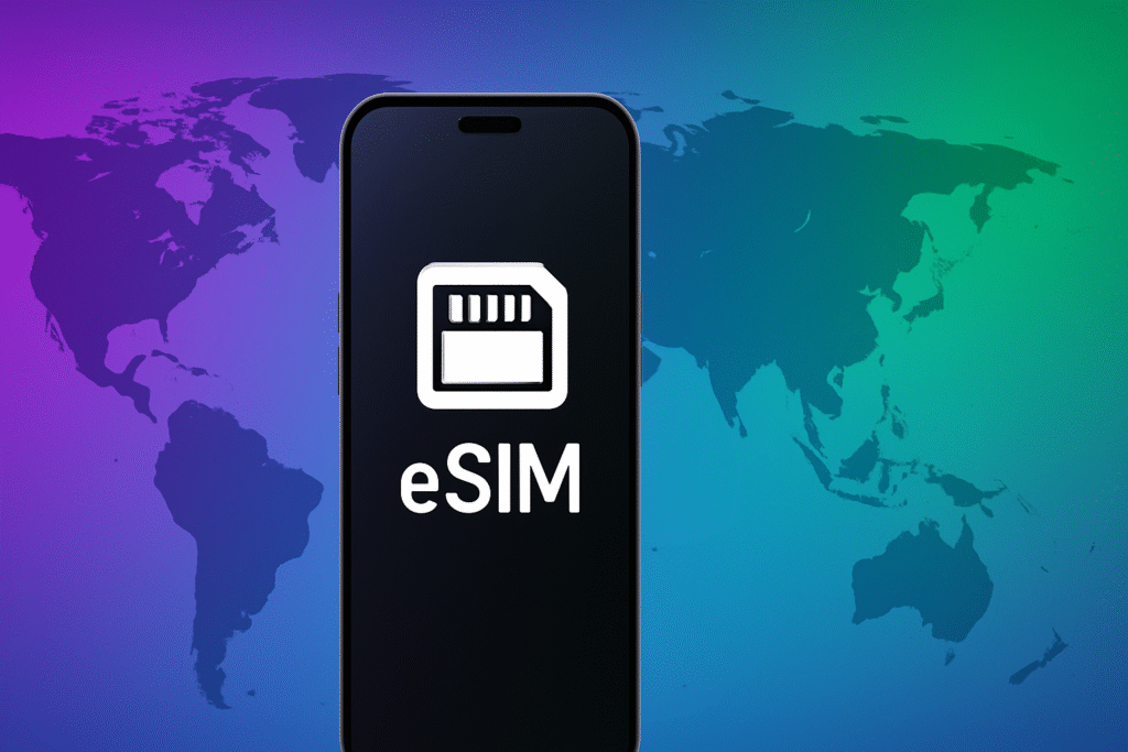 Phone with digital eSIM icon over a world map, eSIM data calculator for trip planning.