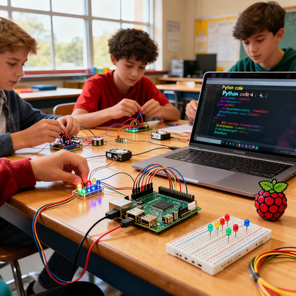 Students working on Raspberry Pi projects for beginners, connecting LEDs and sensors while learning coding and electronics in a STEM classroom.