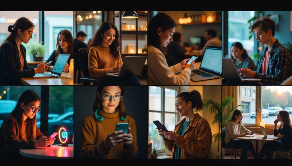 Vibrant digital illustration of Gen Z youth surrounded by smartphones, emojis, and social media icons like TikTok and Instagram, representing modern digital culture.