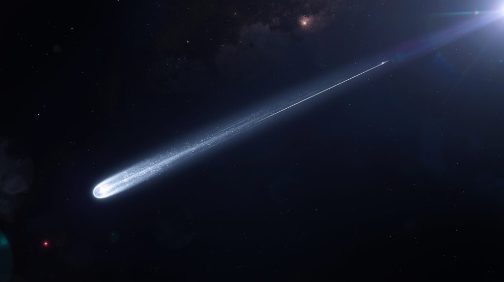 November 2025 Interstellar comet 3IATLAS with glowing tail passing near Earth in space.